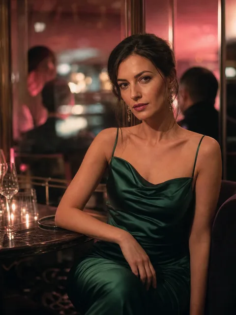 Elena, an adult woman in an emerald silk dress at a candlelit New York wine bar