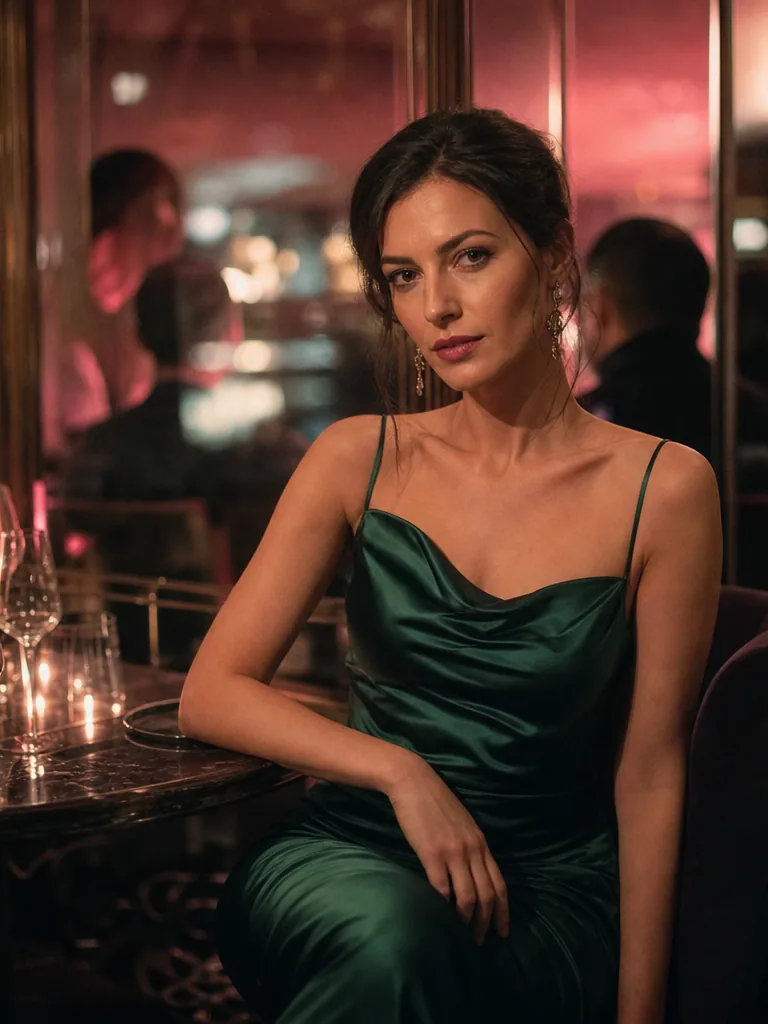 Elena, an adult woman in an emerald silk dress at a candlelit New York wine bar