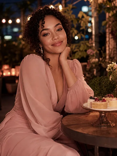 Maya, an adult woman in a blush chiffon dress on an evening patio with fairy lights
