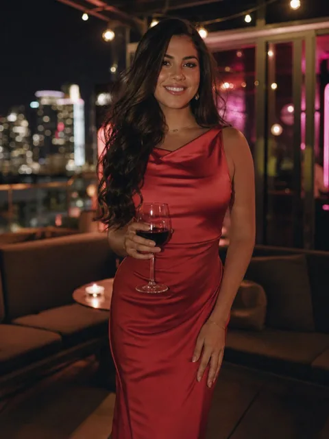 Valentina, an adult woman in a red satin evening dress at a rooftop bar at night