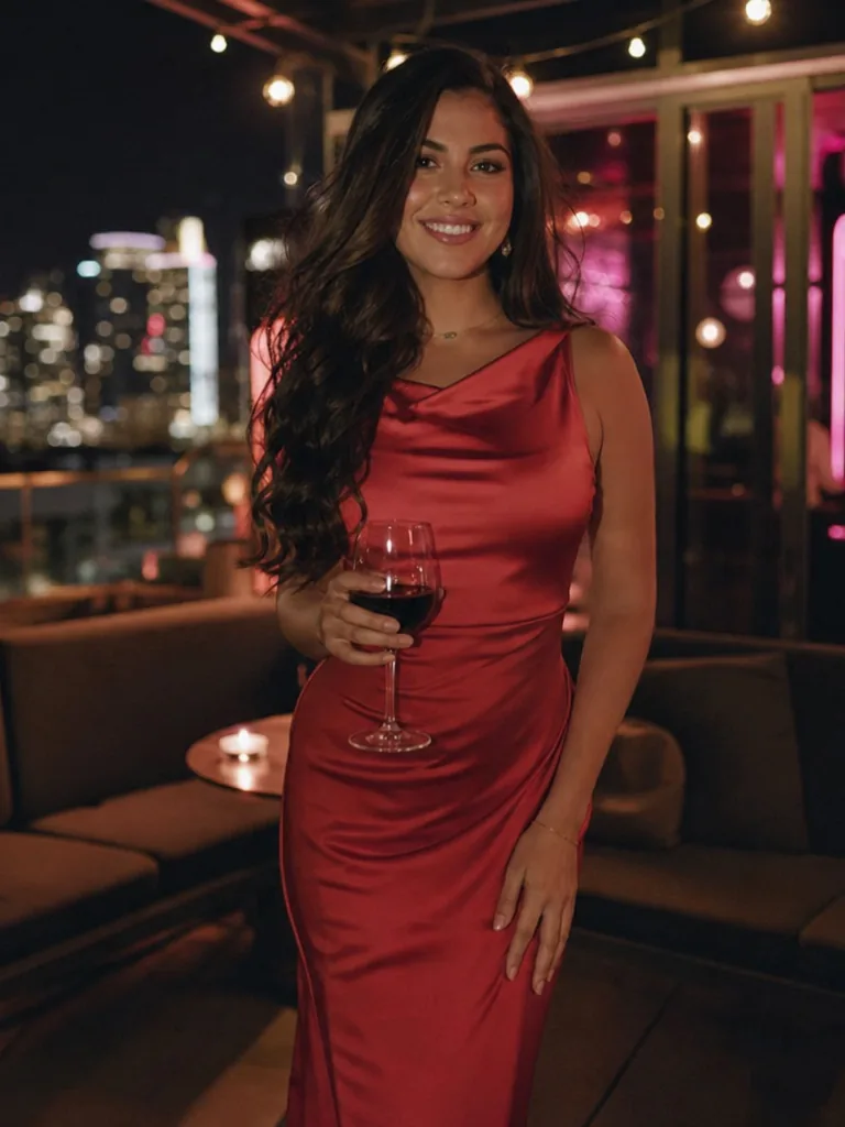 Valentina, an adult woman in a red satin evening dress at a rooftop bar at night