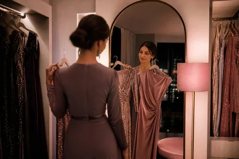 An adult woman choosing between two evening gowns in front of an arched mirror in a dressing room