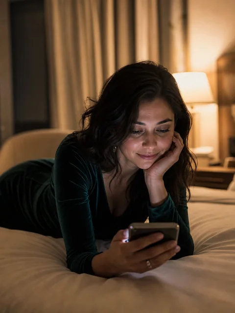 An adult woman in an emerald velvet dress lying across a bed at night, her face lit by the glow of her phone and a bedside lamp