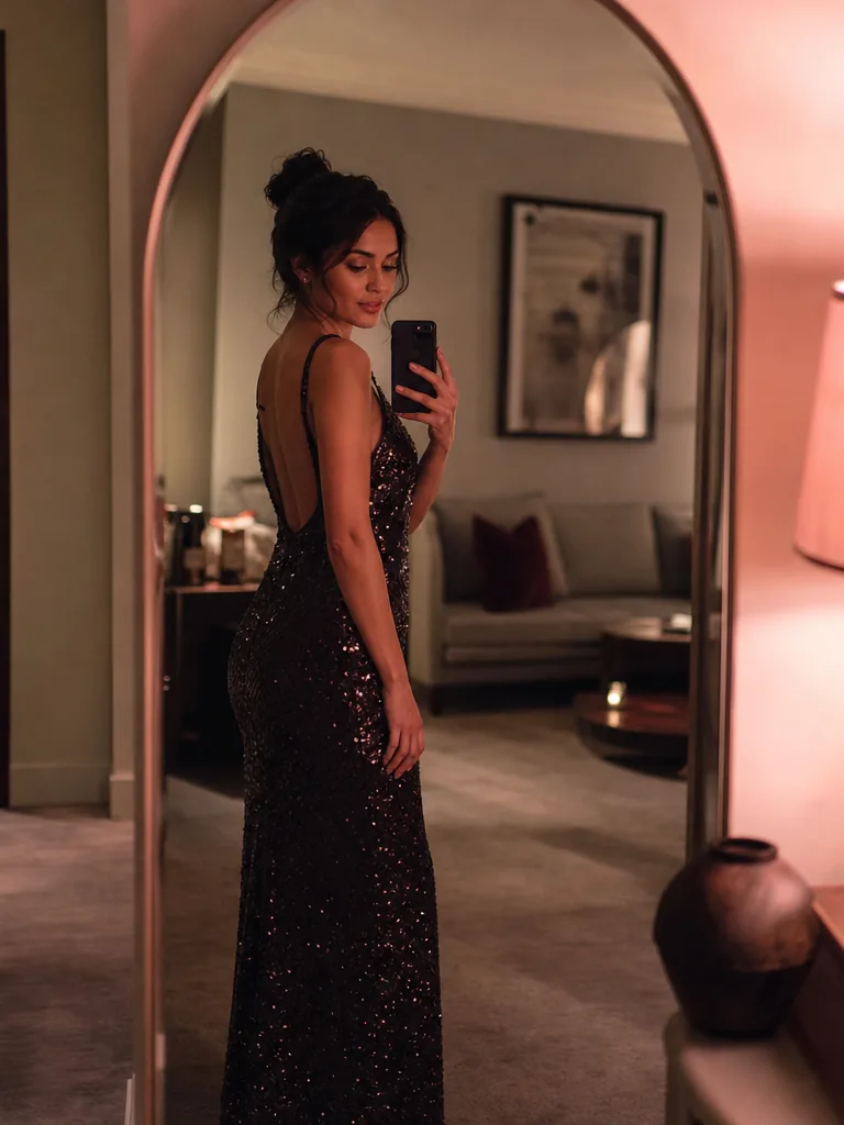An adult woman in a sequin dress taking a mirror selfie in a hotel suite