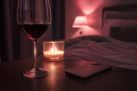 A smartphone placed face down on a nightstand beside a candle and a glass of wine in a dim bedroom