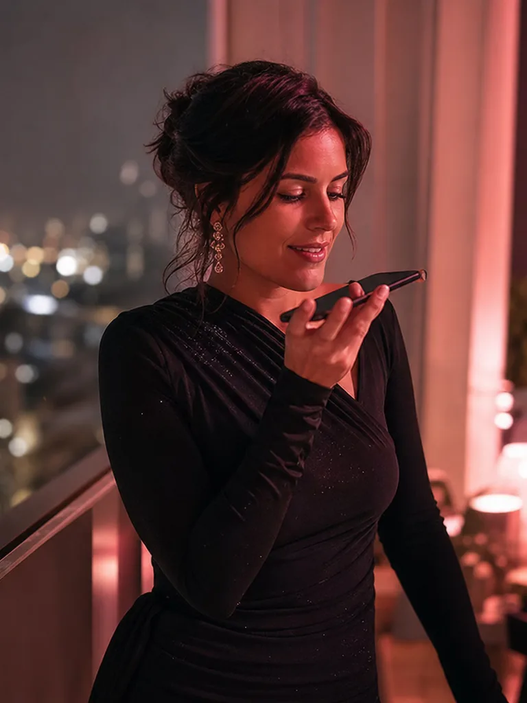 An adult woman in an elegant dress recording a voice message on her phone on a night balcony